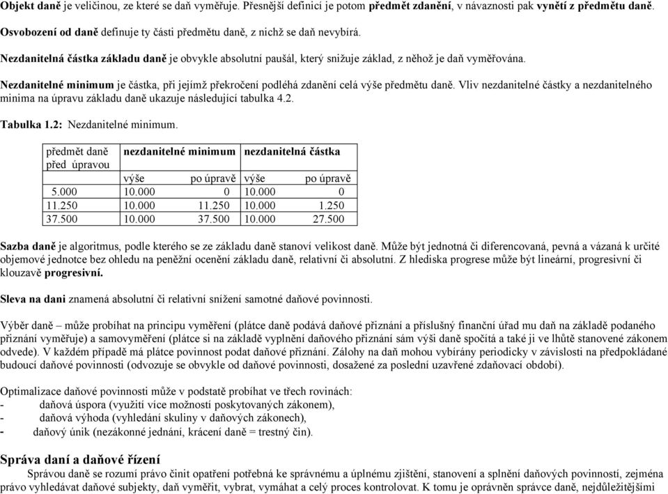 Nezdanitelné minimum je částka, při jejímž překročení podléhá zdanění celá výše předmětu daně. Vliv nezdanitelné částky a nezdanitelného minima na úpravu základu daně ukazuje následující tabulka 4.2.