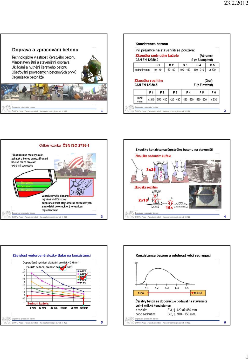 12350-5 F (= Flowtest) rozlití v mm F 1 F 2 F 3 F 4 F 5 F 6 340 350-410 420-480 490-550 560-620 630 1 2 Odběr vzorku ČSN ISO 2736-1 Zkoušky konzistence čerstvého betonu na staveništi Při odběru se