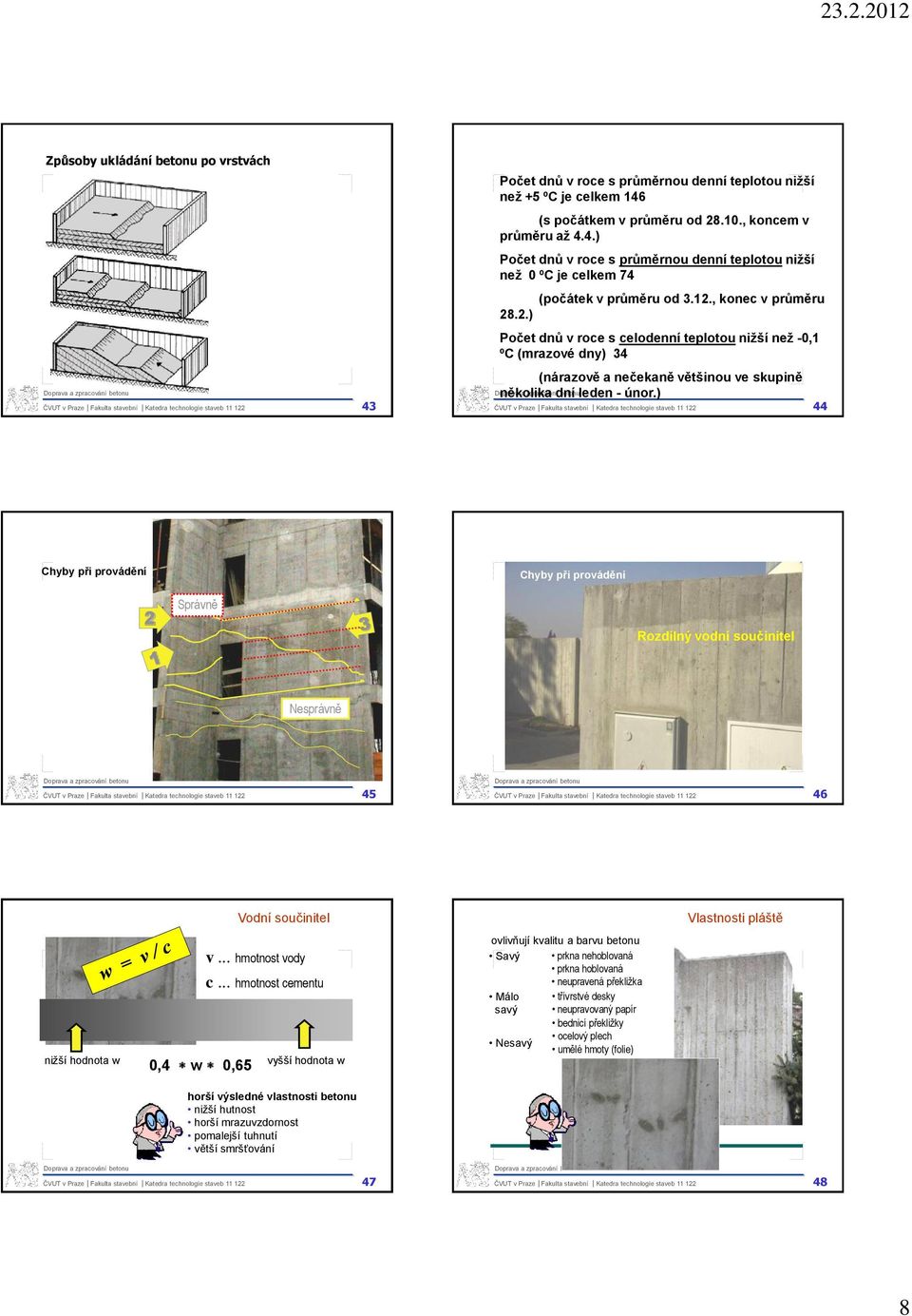 ) 44 Chyby při provádění Chyby při provádění 2 Správně Rozdílný vodní součinitel Nesprávně 45 46 Vodní součinitel Vlastnosti pláště nižší hodnota w 0,4 w 0,65 v... hmotnost vody c.