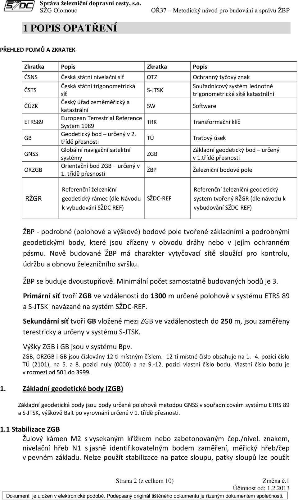 GB TÚ Traťový úsek třídě přesnosti Globální navigační satelitní Základní geodetický bod určený GNSS ZGB systémy v 1.třídě přesnosti Orientační bod ZGB určený v ORZGB ŽBP Železniční bodové pole 1.