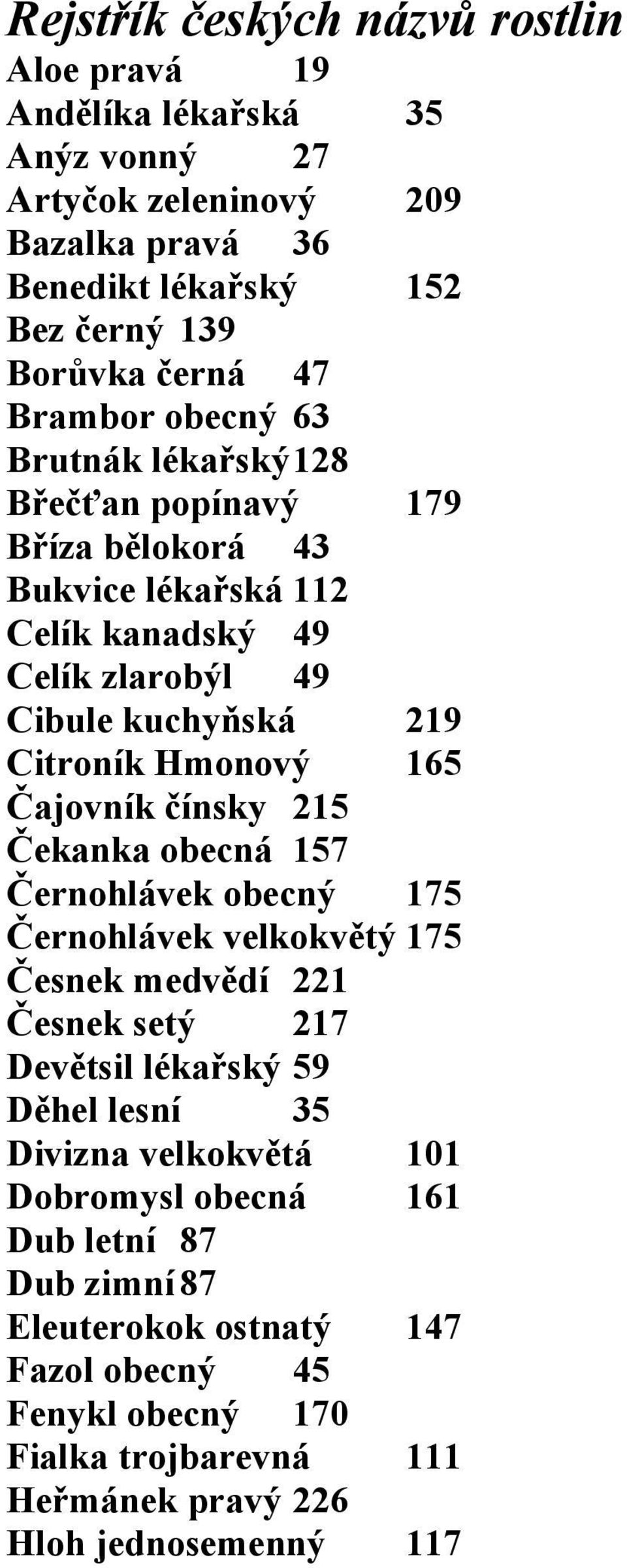 165 Čajovník čínsky 215 Čekanka obecná 157 Černohlávek obecný 175 Černohlávek velkokvětý 175 Česnek medvědí 221 Česnek setý 217 Devětsil lékařský 59 Děhel lesní 35 Divizna