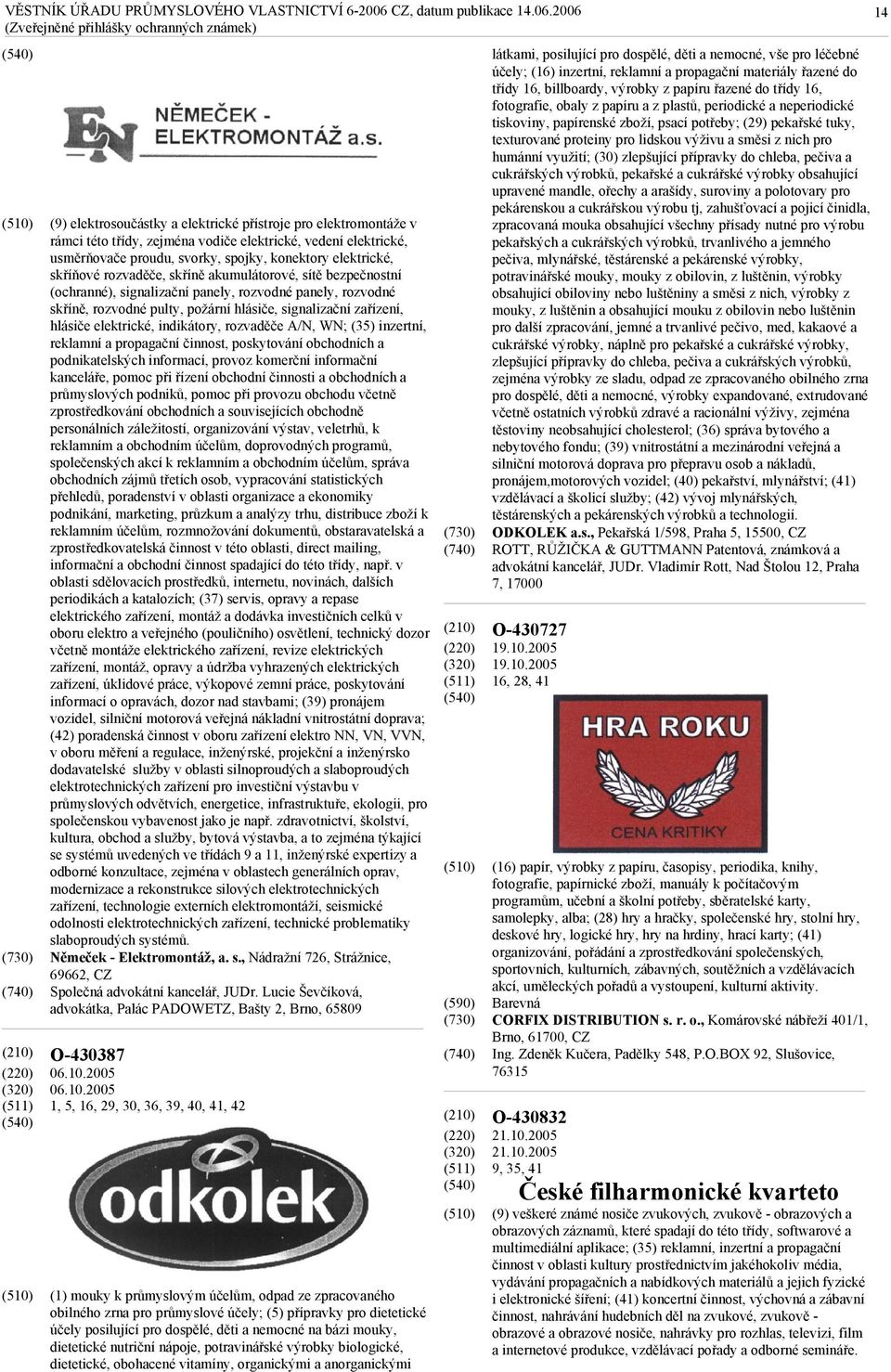 indikátory, rozvaděče A/N, WN; (35) inzertní, reklamní a propagační činnost, poskytování obchodních a podnikatelských informací, provoz komerční informační kanceláře, pomoc při řízení obchodní