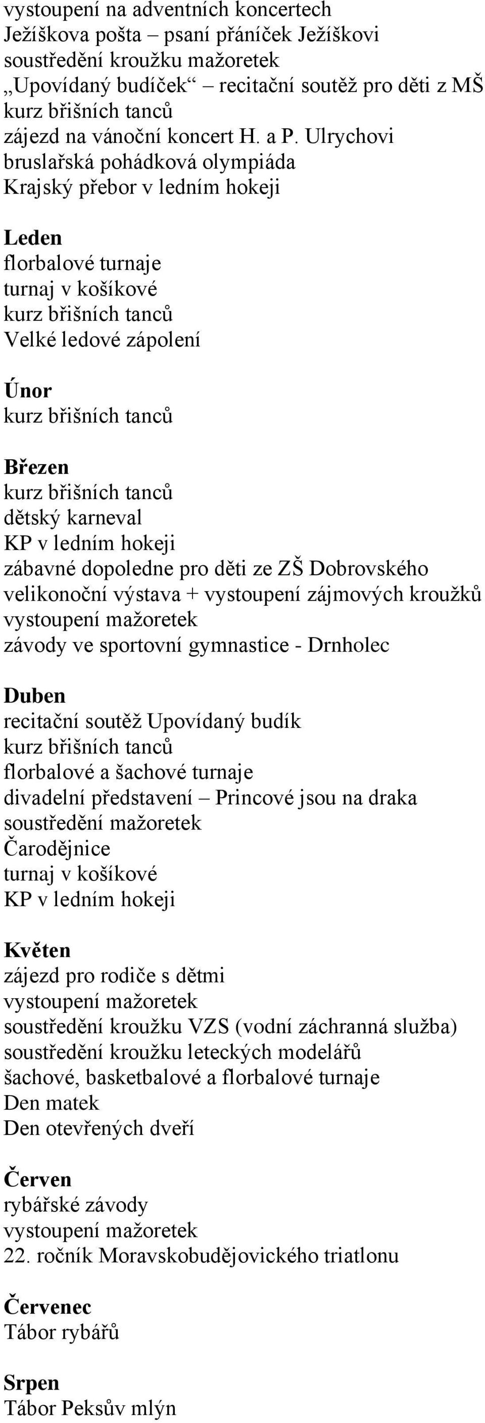 dětský karneval KP v ledním hkeji zábavné dpledne pr děti ze ZŠ Dbrvskéh veliknční výstava + vystupení zájmvých kruţků vystupení maţretek závdy ve sprtvní gymnastice - Drnhlec Duben recitační sutěţ