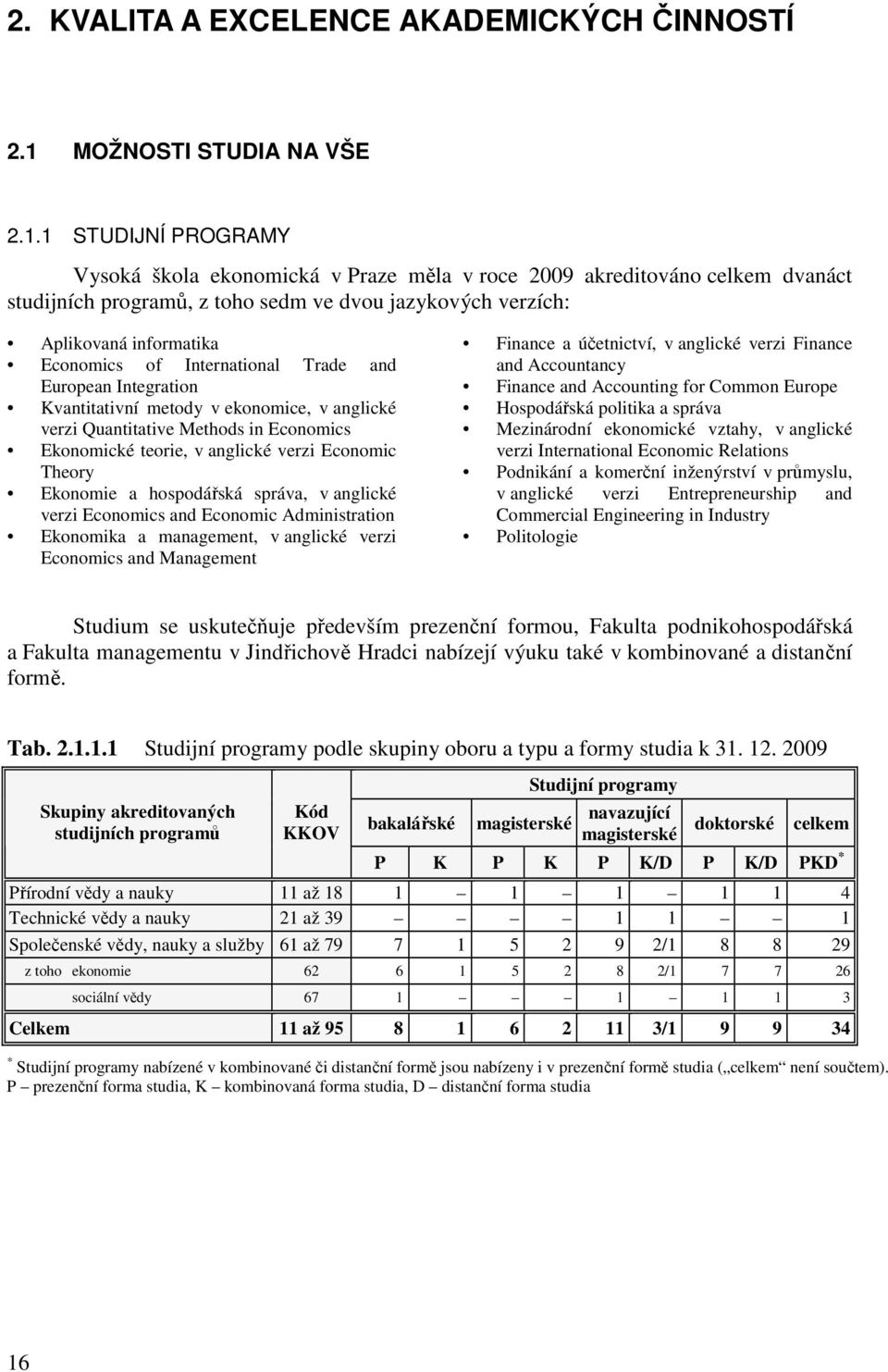 1 STUDIJNÍ PROGRAMY Vysoká škola ekonomická v Praze měla v roce 2009 akreditováno celkem dvanáct studijních programů, z toho sedm ve dvou jazykových verzích: Aplikovaná informatika Economics of