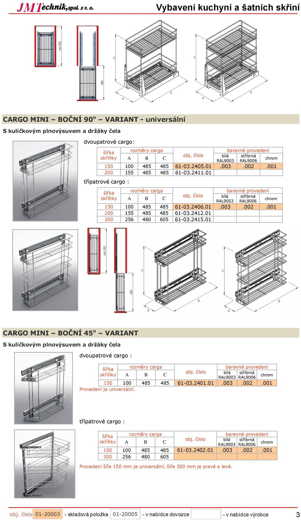 2415.01 CARGO MINI BOČNÍ 45 o VARIANT S kuličkovým plnovýsuvem a drţáky čela dvoupatrové cargo : 150 100 485 485 61-03.2401.01.003.002.