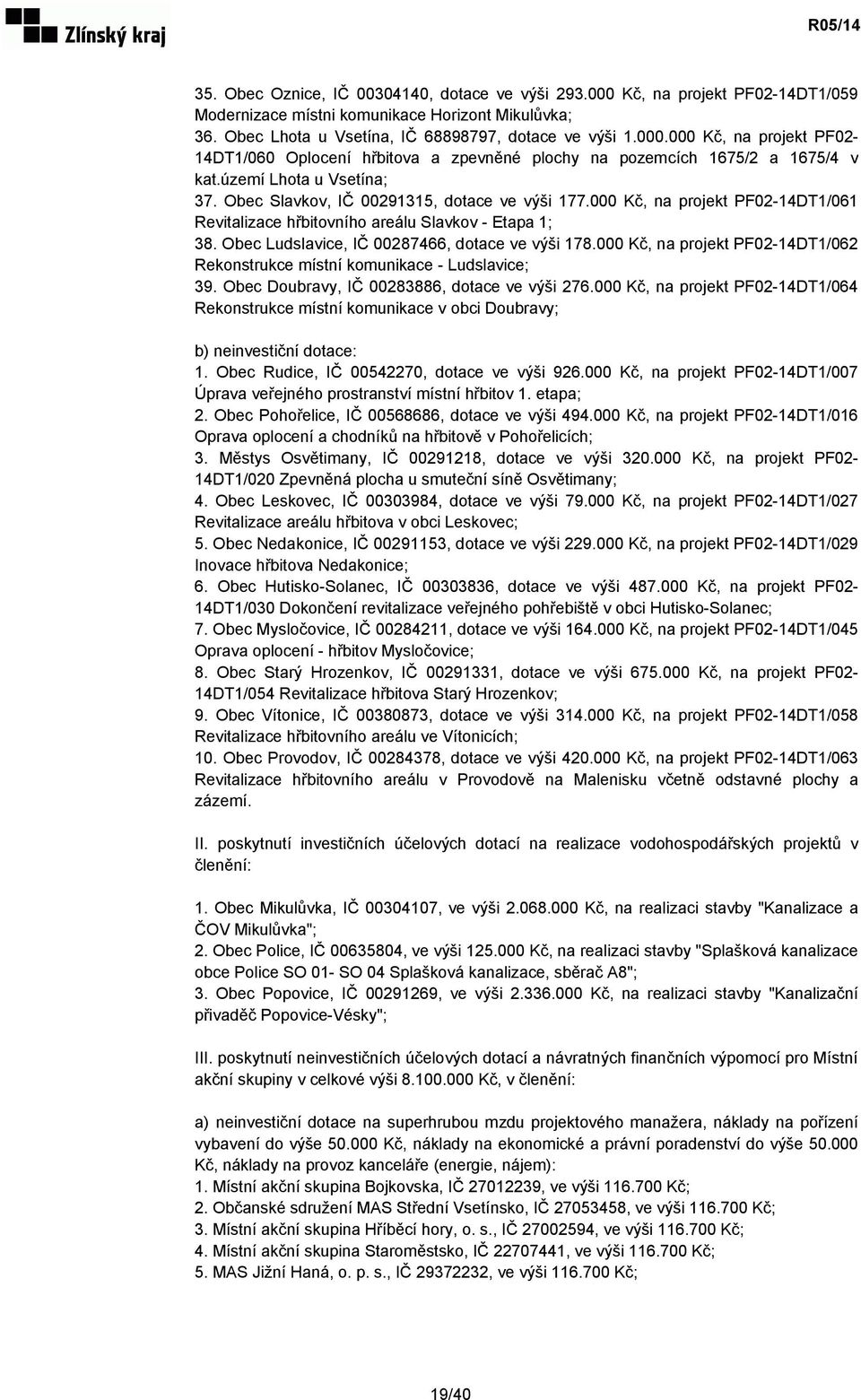 Obec Ludslavice, IČ 00287466, dotace ve výši 178.000 Kč, na projekt PF02-14DT1/062 Rekonstrukce místní komunikace - Ludslavice; 39. Obec Doubravy, IČ 00283886, dotace ve výši 276.