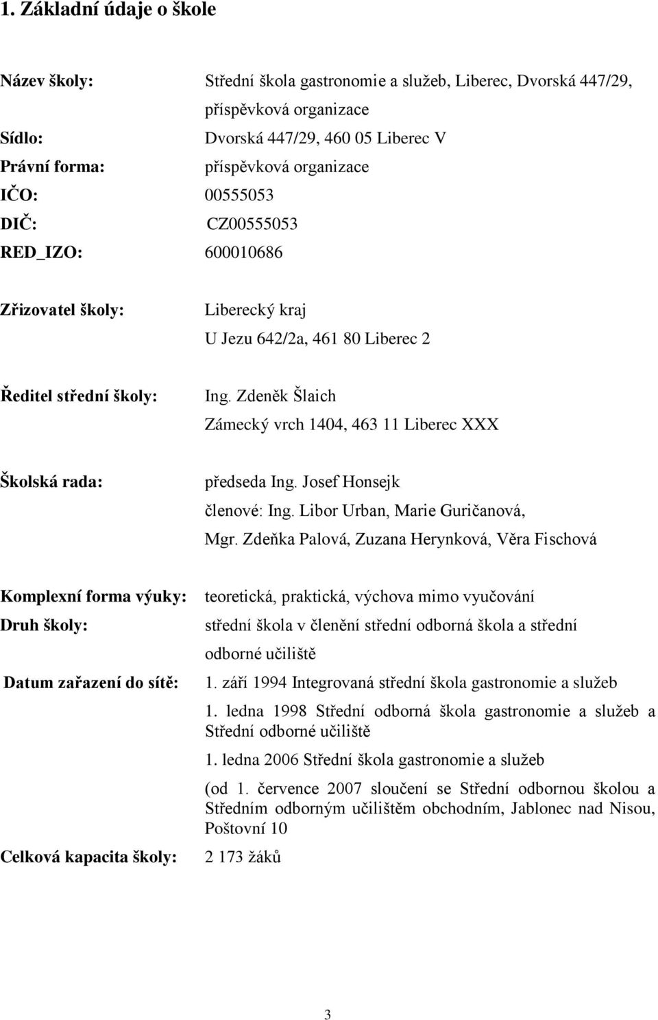 Zdeněk Šlaich Zámecký vrch 1404, 463 11 Liberec XXX Školská rada: předseda Ing. Josef Honsejk členové: Ing. Libor Urban, Marie Guričanová, Mgr.