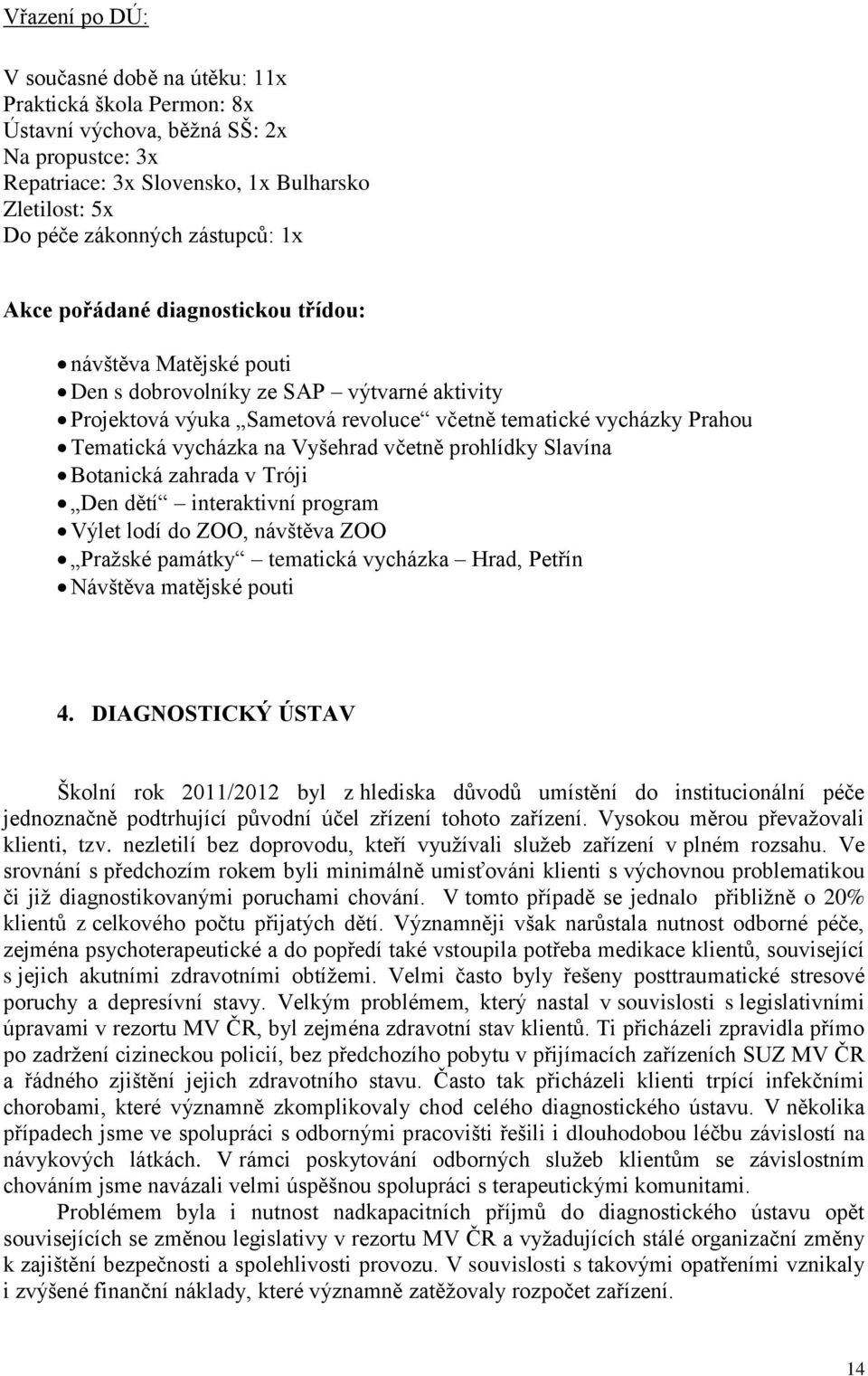 Vyšehrad včetně prohlídky Slavína Botanická zahrada v Tróji Den dětí interaktivní program Výlet lodí do ZOO, návštěva ZOO Pražské památky tematická vycházka Hrad, Petřín Návštěva matějské pouti 4.