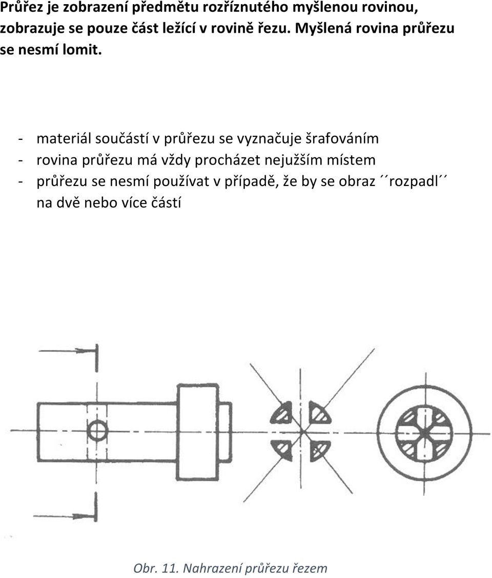 - materiál součástí v průřezu se vyznačuje šrafováním - rovina průřezu má vždy procházet