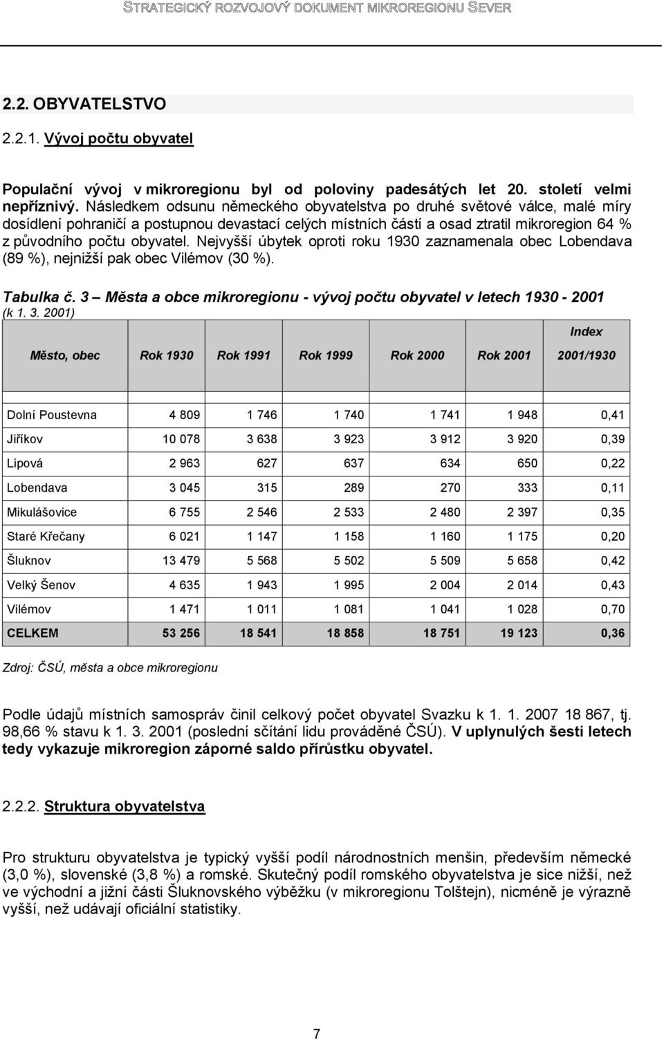 Nejvyšší úbytek oproti roku 1930 zaznamenala obec Lobendava (89 %), nejniţší pak obec Vilémov (30 %). Tabulka č. 3 