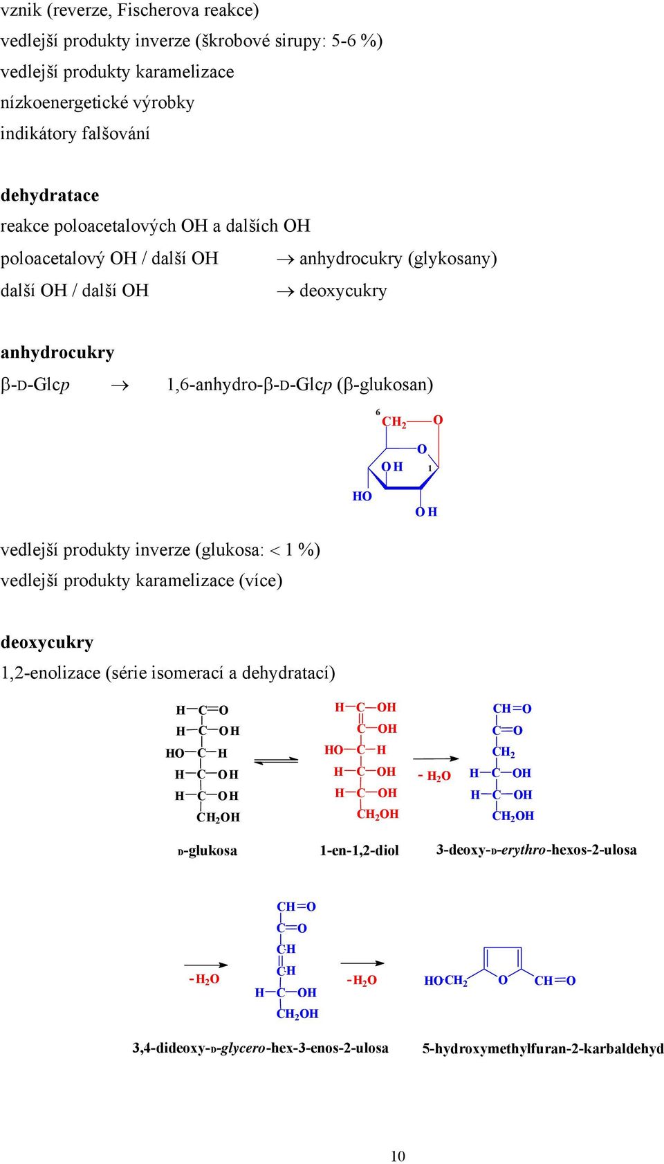β-d-glcp,6-anhydro-β-d-glcp (β-glukosan) 6 vedlejší produkty inverze (glukosa: < %) vedlejší produkty karamelizace (více) deoxycukry,-enolizace (série