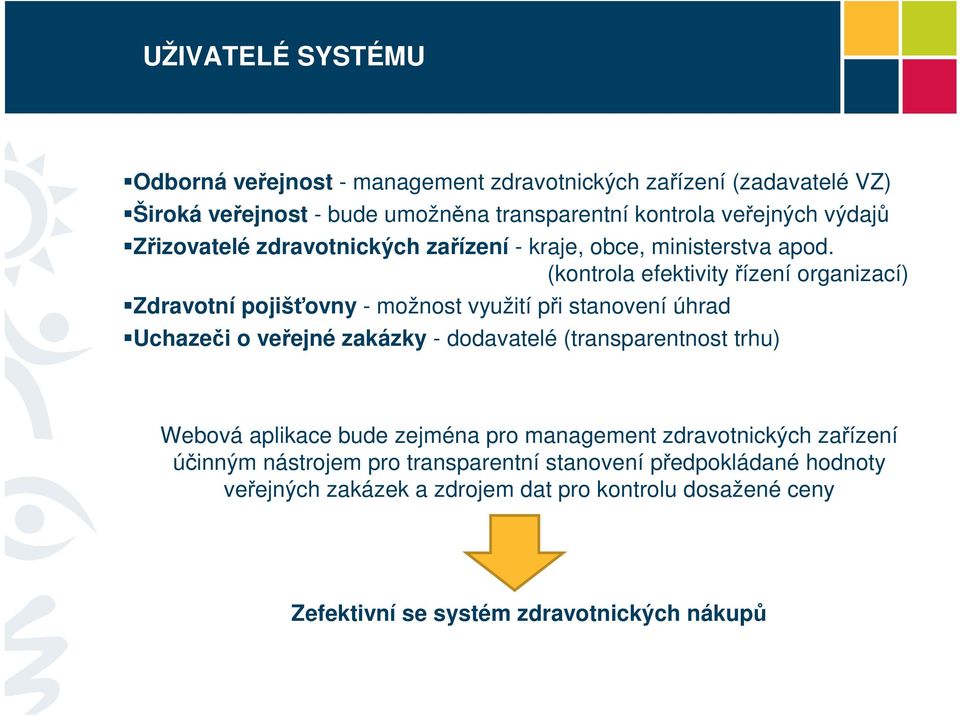 (kontrola efektivity řízení organizací) Zdravotní pojišťovny - možnost využití při stanovení úhrad Uchazeči o veřejné zakázky - dodavatelé (transparentnost