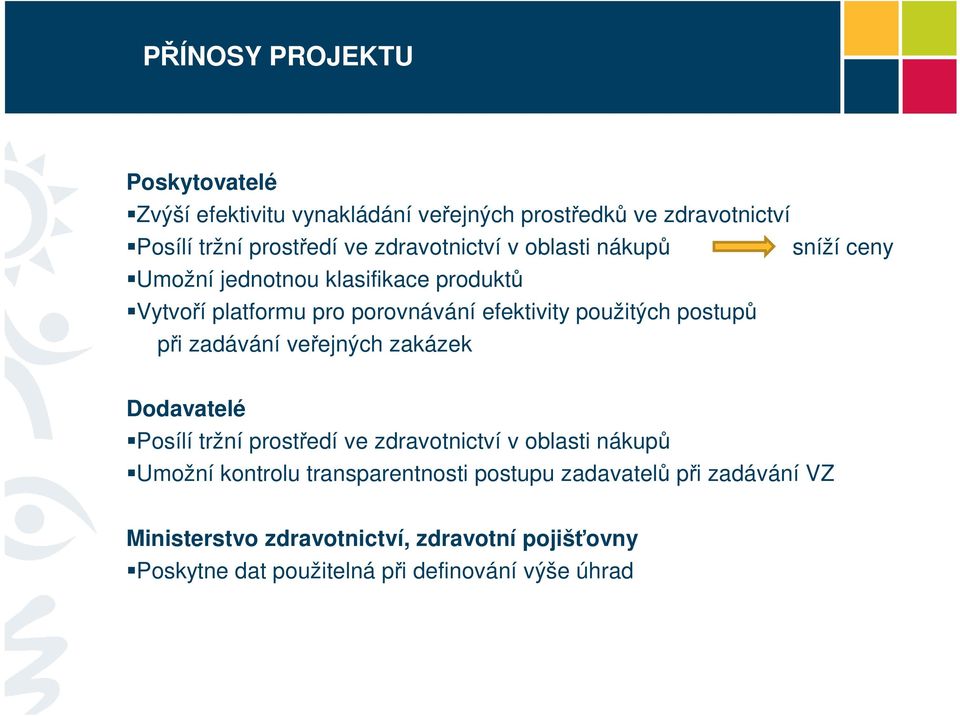 použitých postupů při zadávání veřejných zakázek Dodavatelé Posílí tržní prostředí ve zdravotnictví v oblasti nákupů Umožní kontrolu