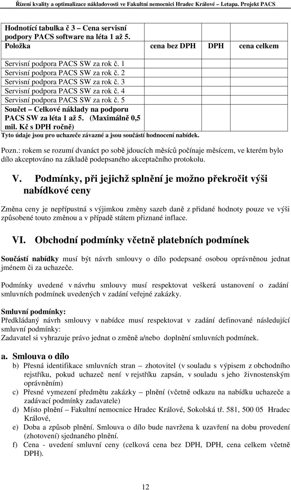 Kč s DPH ročně) Tyto údaje jsou pro uchazeče závazné a jsou součástí hodnocení nabídek. Pozn.