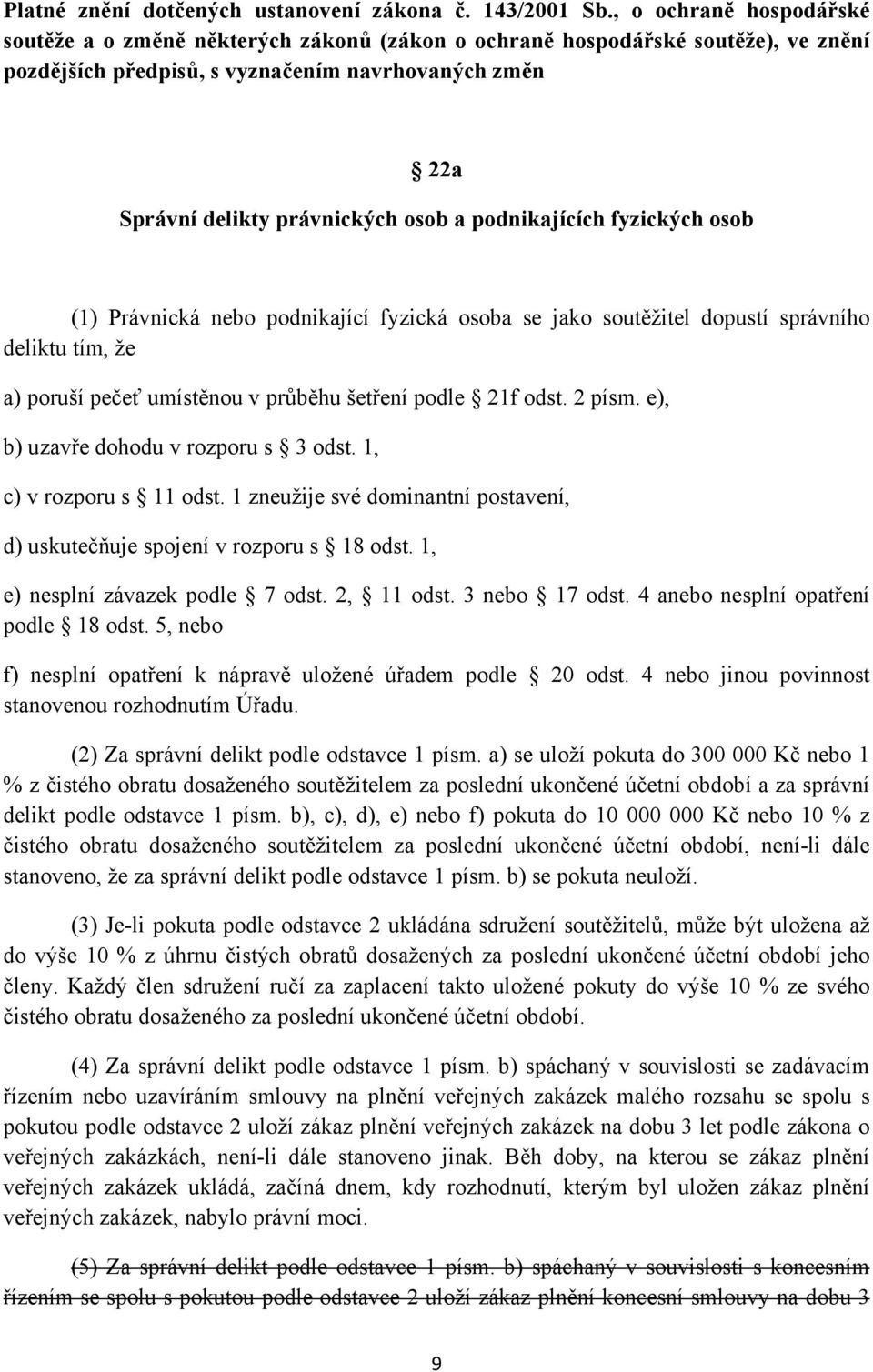 podnikajících fyzických osob (1) Právnická nebo podnikající fyzická osoba se jako soutěžitel dopustí správního deliktu tím, že a) poruší pečeť umístěnou v průběhu šetření podle 21f odst. 2 písm.