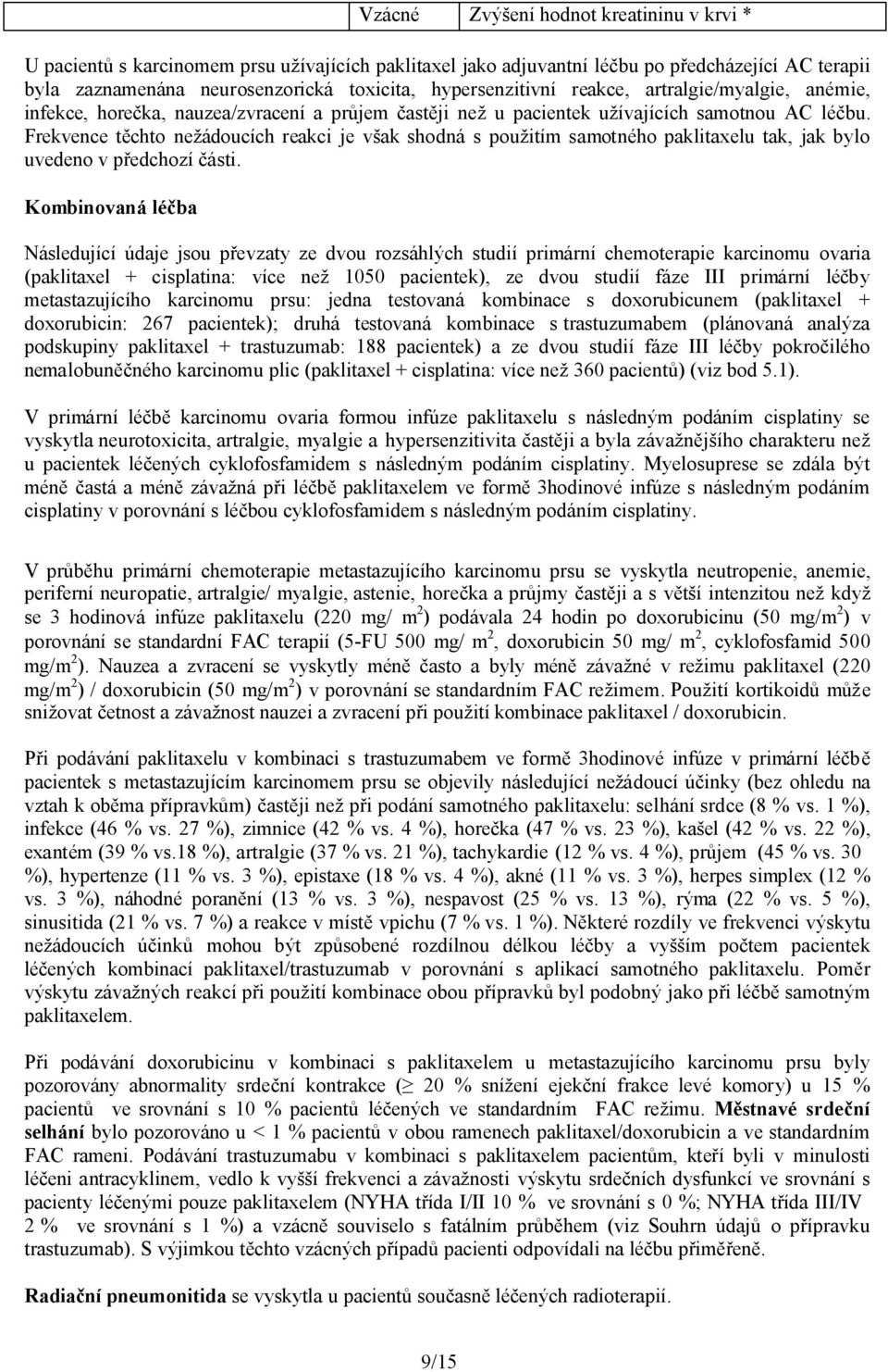 Frekvence těchto nežádoucích reakci je však shodná s použitím samotného paklitaxelu tak, jak bylo uvedeno v předchozí části.