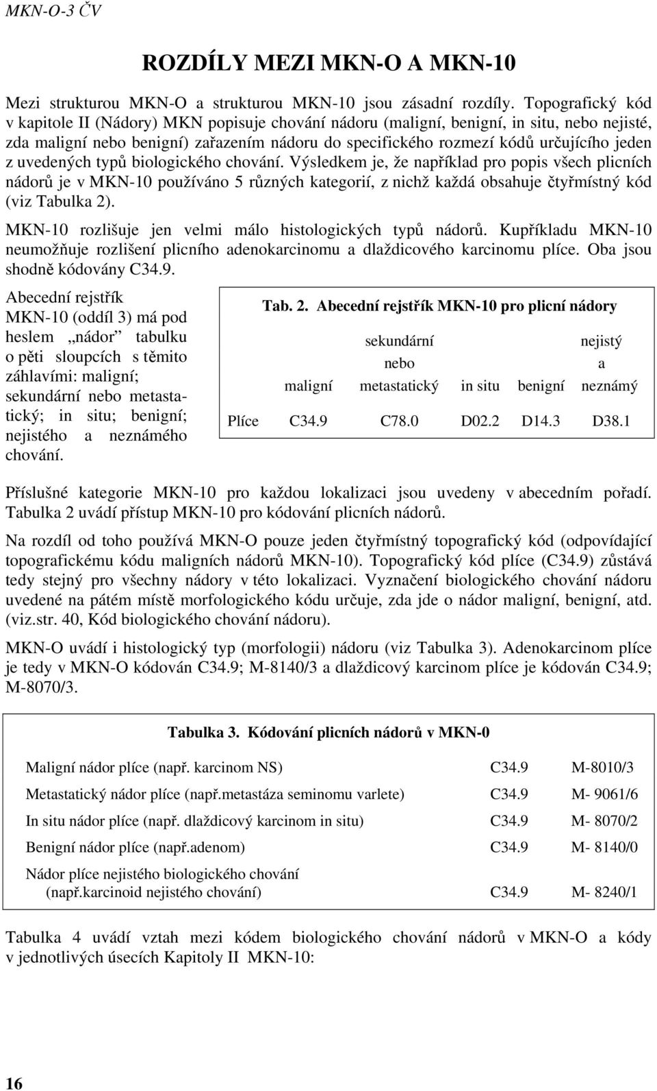 z uvedených typů biologického chování. Výsledkem je, že například pro popis všech plicních nádorů je v MKN-10 používáno 5 různých kategorií, z nichž každá obsahuje čtyřmístný kód (viz Tabulka 2).