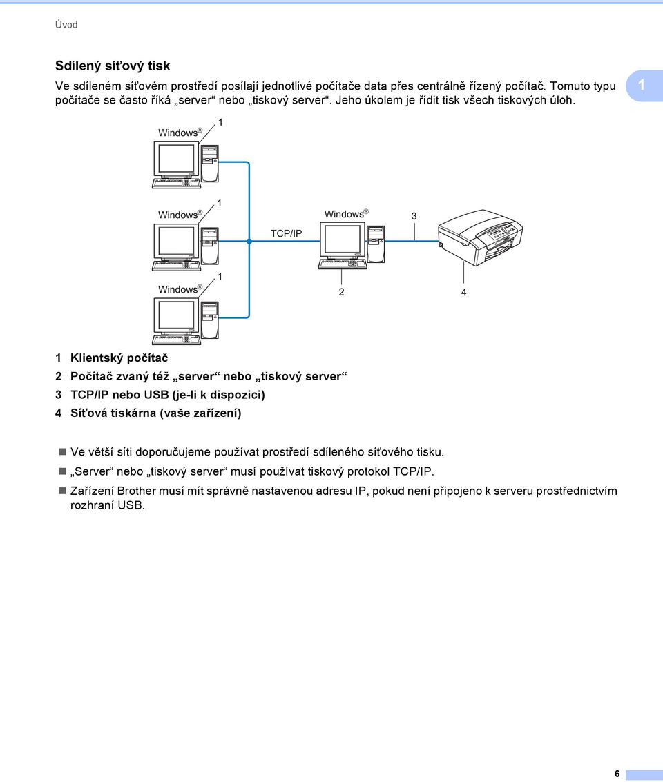 1 1 Klientský počítač 2 Počítač zvaný též server nebo tiskový server 3 TCP/IP nebo USB (je-li k dispozici) 4 Síñová tiskárna (vaše zařízení) Ve větší síti