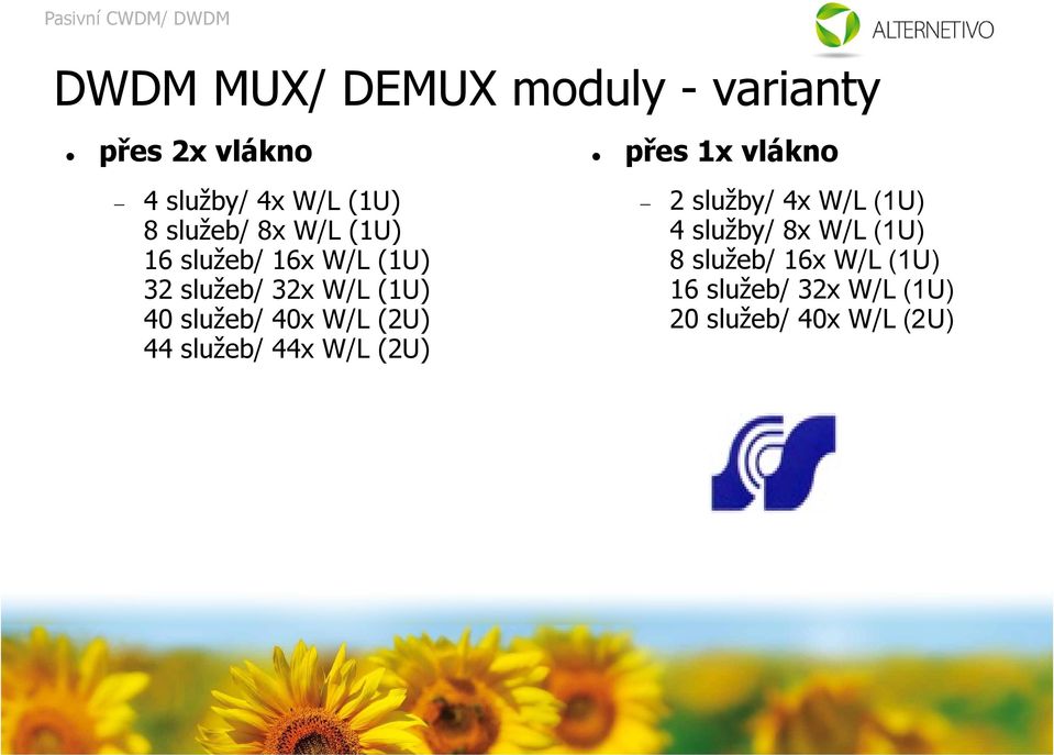 40x W/L (2U) 44 služeb/ 44x W/L (2U) přes 1x vlákno 2 služby/ 4x W/L (1U) 4