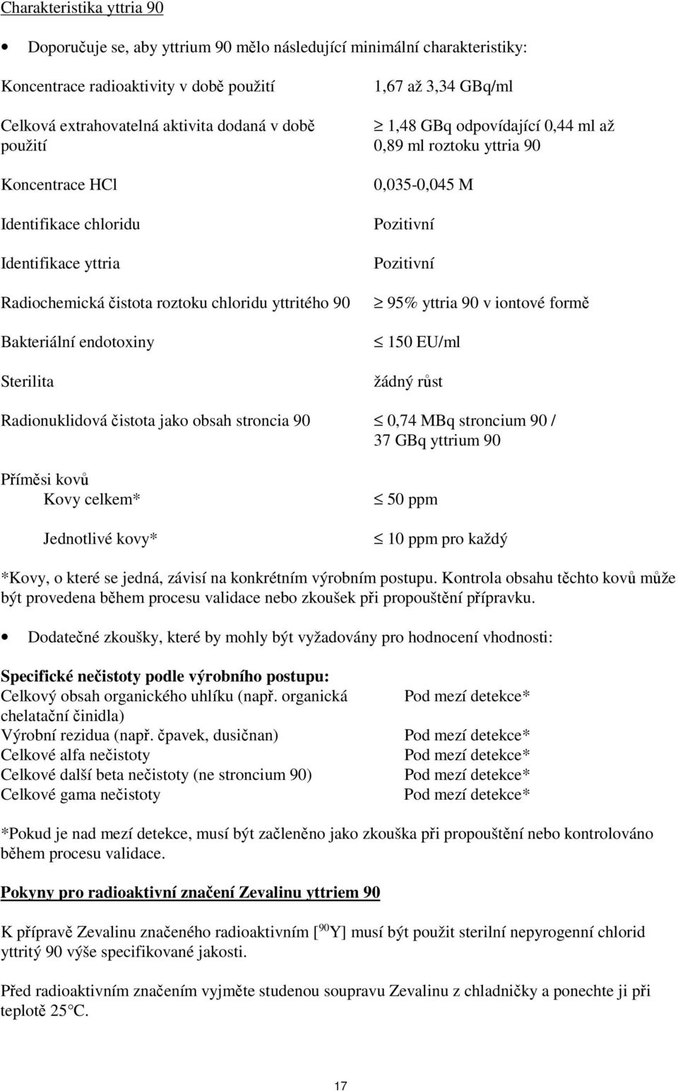 0,89 ml roztoku yttria 90 0,035-0,045 M Pozitivní Pozitivní 95% yttria 90 v iontové formě 150 EU/ml žádný růst Radionuklidová čistota jako obsah stroncia 90 0,74 MBq stroncium 90 / 37 GBq yttrium 90