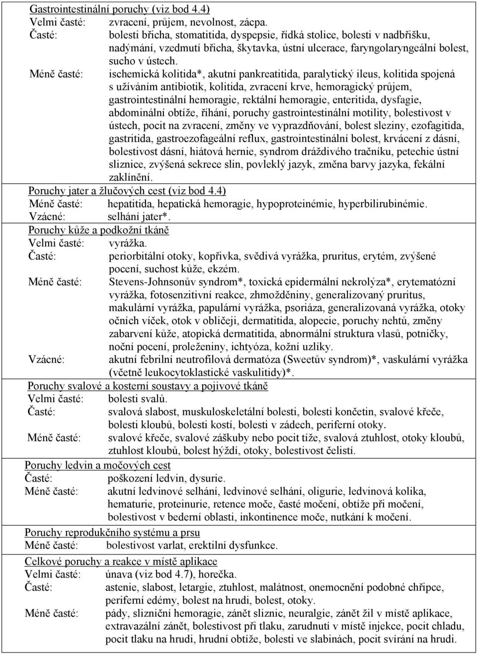 Méně časté: ischemická kolitida*, akutní pankreatitida, paralytický ileus, kolitida spojená s užíváním antibiotik, kolitida, zvracení krve, hemoragický průjem, gastrointestinální hemoragie, rektální