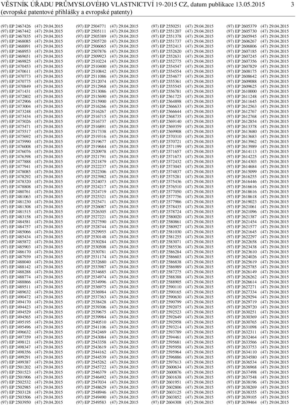 04.2015 (97) EP 2470773 (47) 29.04.2015 (97) EP 2470775 (47) 29.04.2015 (97) EP 2470849 (47) 29.04.2015 (97) EP 2471431 (47) 29.04.2015 (97) EP 2472802 (47) 29.04.2015 (97) EP 2472906 (47) 29.04.2015 (97) EP 2473004 (47) 29.