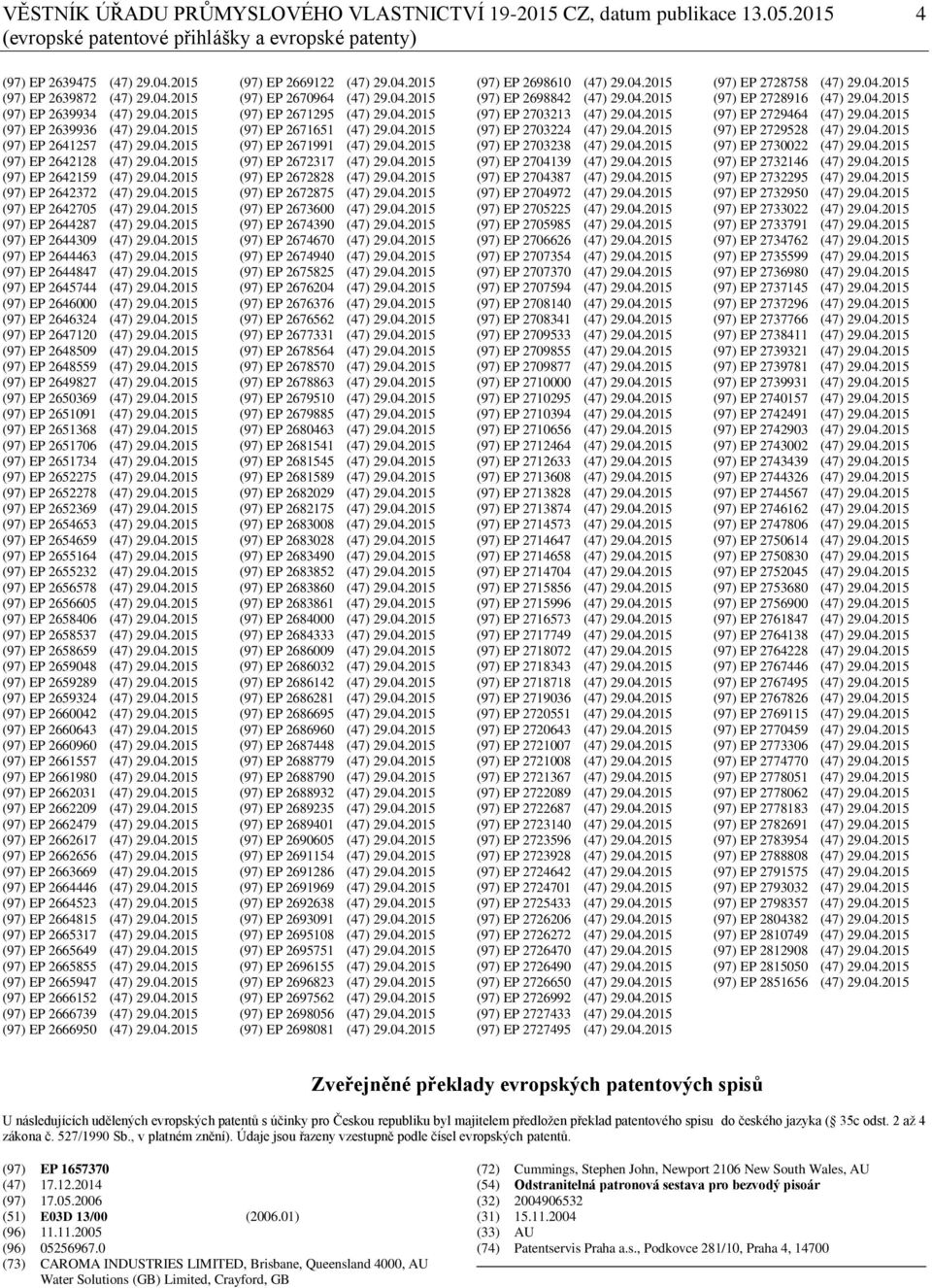 04.2015 (97) EP 2644309 (47) 29.04.2015 (97) EP 2644463 (47) 29.04.2015 (97) EP 2644847 (47) 29.04.2015 (97) EP 2645744 (47) 29.04.2015 (97) EP 2646000 (47) 29.04.2015 (97) EP 2646324 (47) 29.04.2015 (97) EP 2647120 (47) 29.