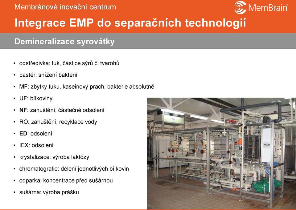 odsolení RO: zahuštění, recyklace vody ED: odsolení IEX: odsolení krystalizace: výroba laktózy