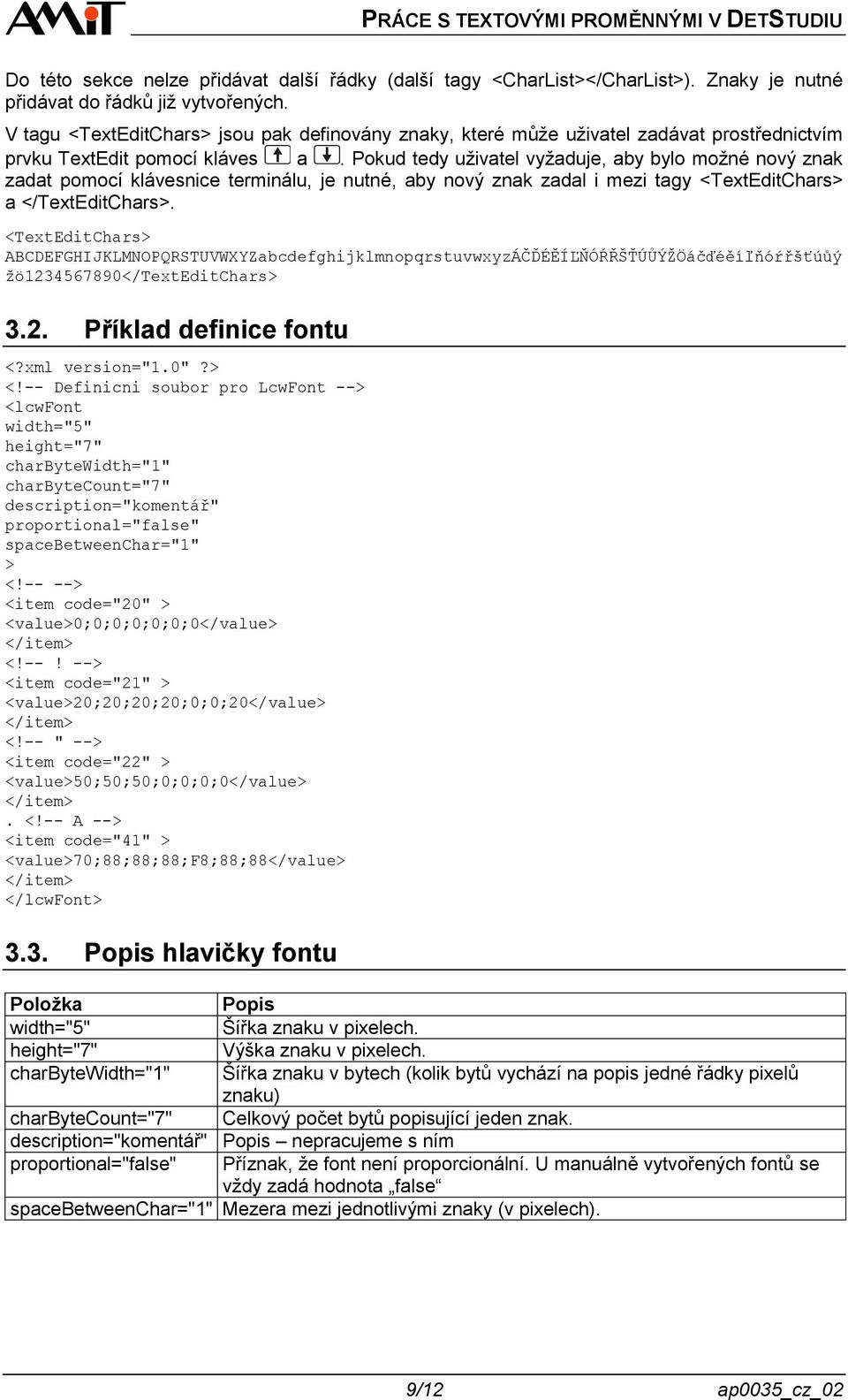 Pokud tedy uživatel vyžaduje, aby bylo možné nový znak zadat pomocí klávesnice terminálu, je nutné, aby nový znak zadal i mezi tagy <TextEditChars> a </TextEditChars>.