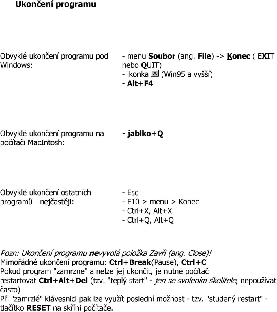 nejčastěji: - Esc - F10 > menu > Konec - Ctrl+X, Alt+X - Ctrl+Q, Alt+Q Pozn: Ukončení programu nevyvolá položka Zavři (ang. Close)!