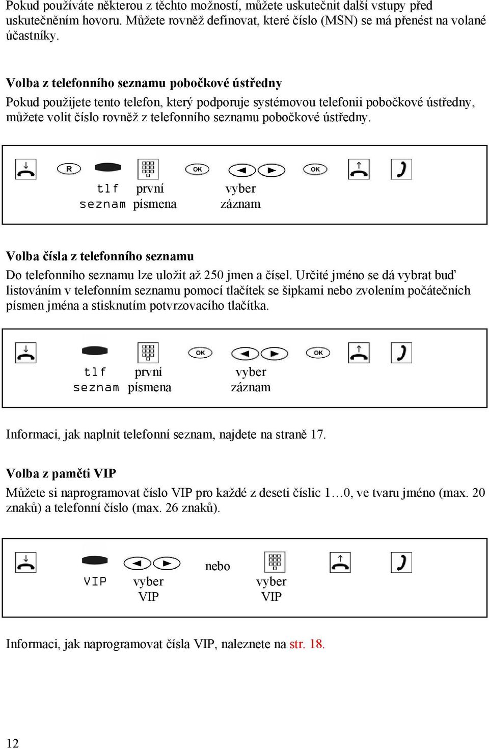 ústředny. tlf první vyber seznam písmena záznam Volba čísla z telefonního seznamu Do telefonního seznamu lze uložit až 250 jmen a čísel.