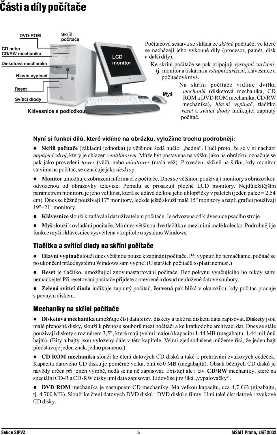 Na skøíni poèítaèe vidíme dvíøka mechanik (disketová mechanika, CD Myš ROM a DVD ROM mechanika, CD/RW mechanika), hlavní vypínaè, tlaèítko reset a svítící diody indikující zapnutý poèítaè.