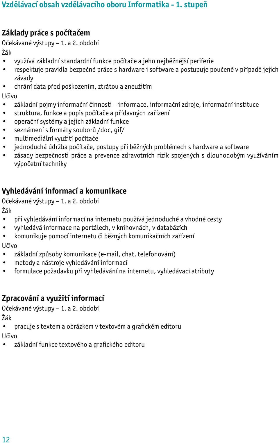 před poškozením, ztrátou a zneužitím Učivo základní pojmy informační činnosti informace, informační zdroje, informační instituce struktura, funkce a popis počítače a přídavných zařízení operační