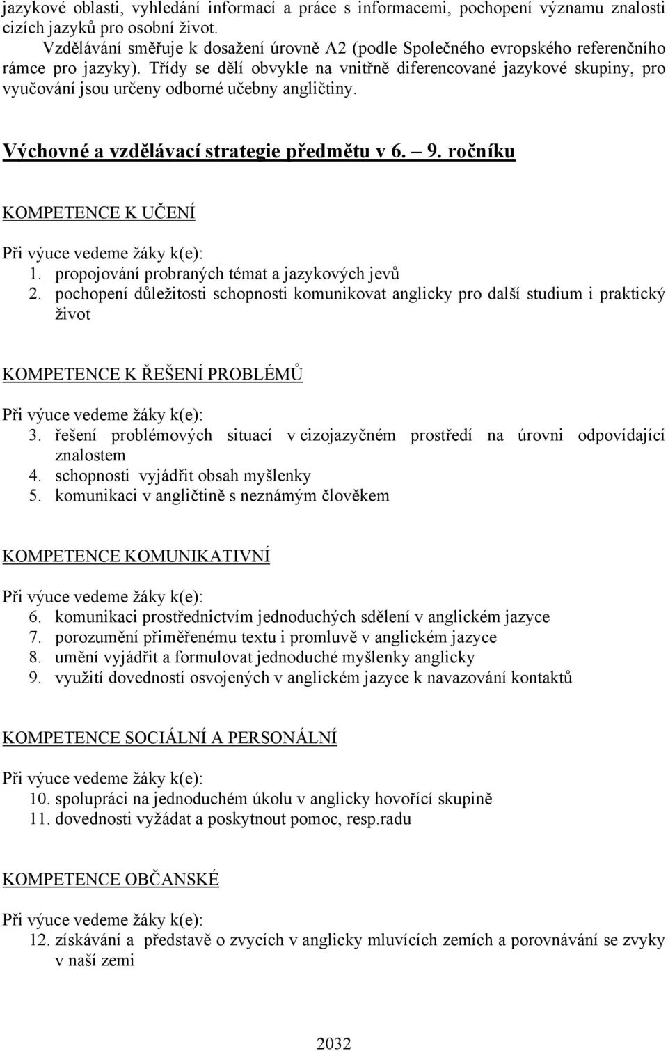 Třídy se dělí obvykle na vnitřně diferencované jazykové skupiny, pro vyučování jsou určeny odborné učebny angličtiny. Výchovné a vzdělávací strategie předmětu v 6. 9.