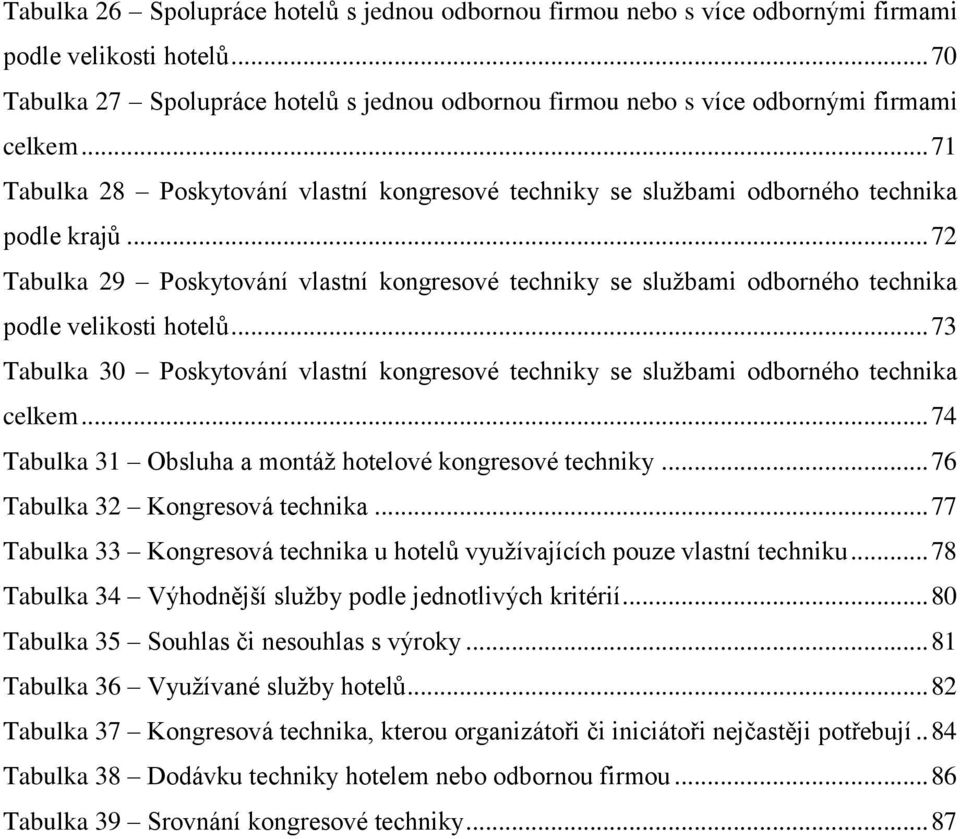 .. 72 Tabulka 29 Poskytování vlastní kongresové techniky se službami odborného technika podle velikosti hotelů.