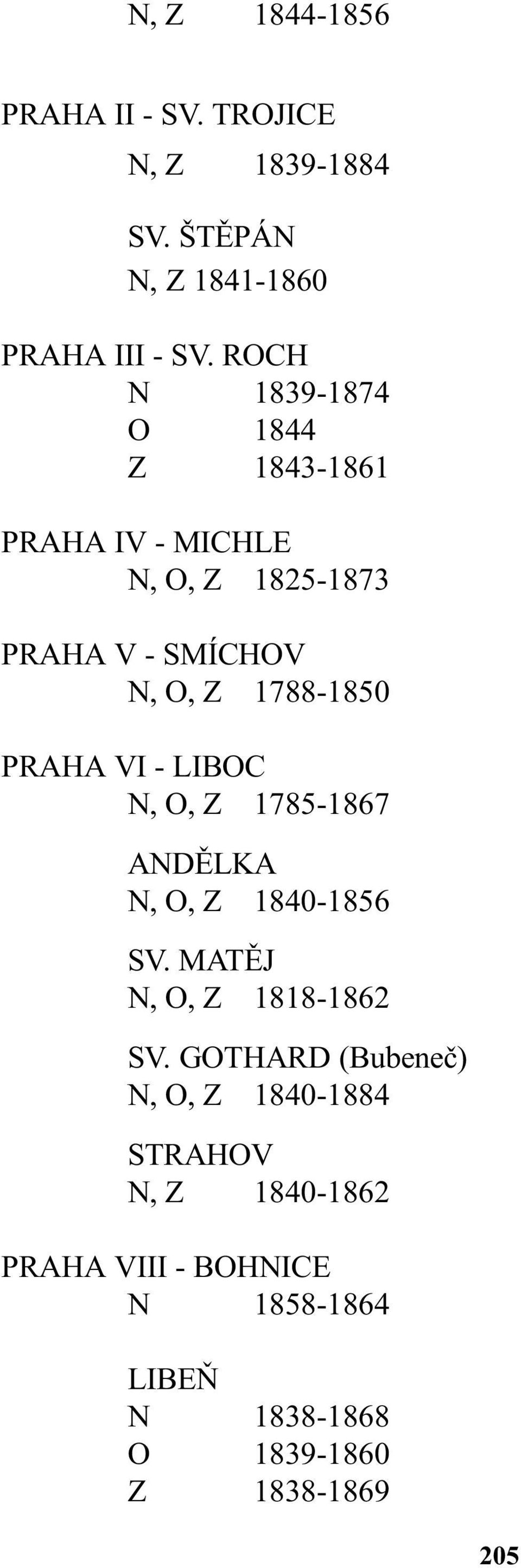 PRAHA VI - LIBOC N, O, Z 1785-1867 ANDÌLKA N, O, Z 1840-1856 SV. MATÌJ N, O, Z 1818-1862 SV.