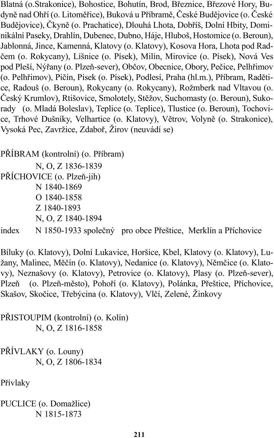 Klatovy), Kosova Hora, Lhota pod Radèem (o. Rokycany), Líšnice (o. Písek), Milín, Mirovice (o. Písek), Nová Ves pod Pleší, Nýøany (o. Plzeò-sever), Obèov, Obecnice, Obory, Peèice, Pelhøimov (o.