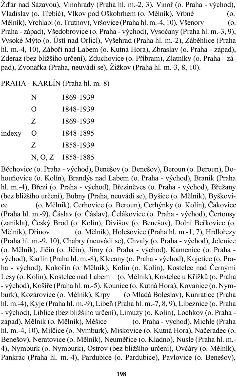 Kutná Hora), Zbraslav (o. Praha - západ), Zderaz (bez bližšího urèení), Zduchovice (o. Pøíbram), Zlatníky (o. Praha - západ), Zvonaøka (Praha, neuvádí se), Žižkov (Praha hl. m.-3, 8, 10).