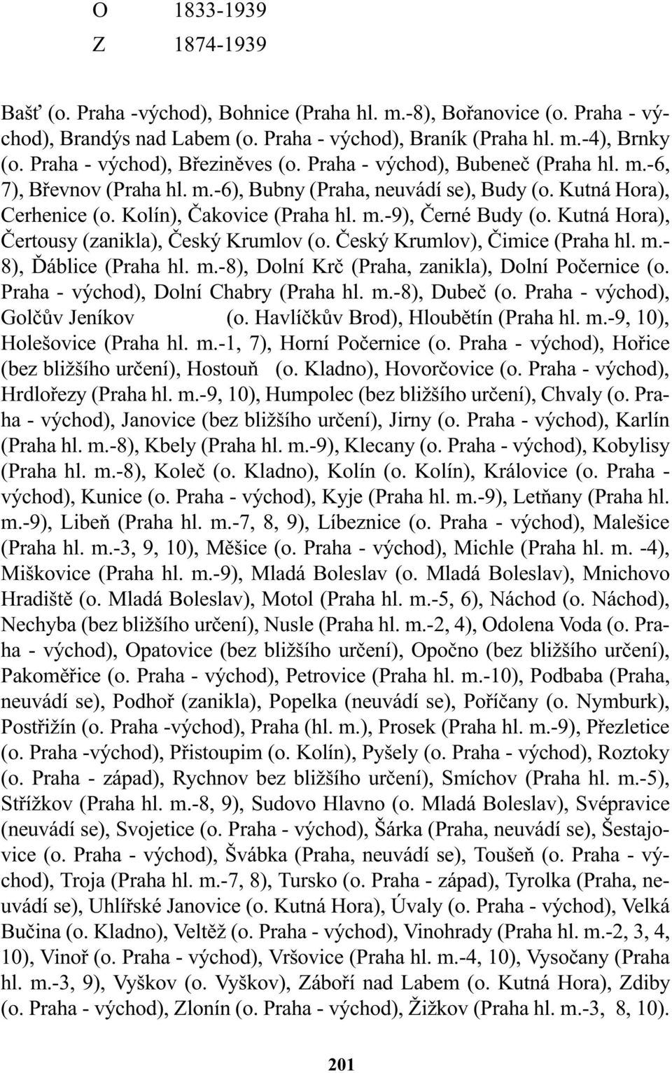 Kutná Hora), Èertousy (zanikla), Èeský Krumlov (o. Èeský Krumlov), Èimice (Praha hl. m.- 8), Ïáblice (Praha hl. m.-8), Dolní Krè (Praha, zanikla), Dolní Poèernice (o.