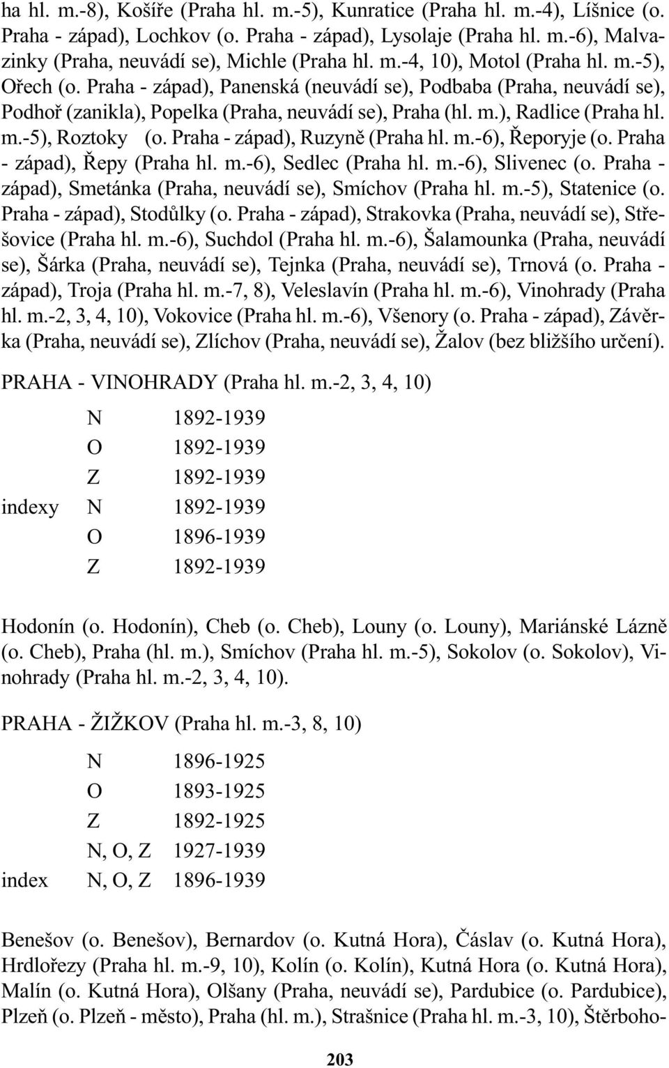 Praha - západ), Ruzynì (Praha hl. m.-6), Øeporyje (o. Praha - západ), Øepy (Praha hl. m.-6), Sedlec (Praha hl. m.-6), Slivenec (o. Praha - západ), Smetánka (Praha, neuvádí se), Smíchov (Praha hl. m.-5), Statenice (o.