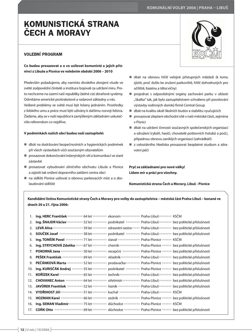 Odmítáme americké protiraketové a radarové základny u nás. Veškeré problémy ve světě musí být řešeny jednáním. Prostředky z lidského umu a práce musí býti užívány k dalšímu rozvoji lidstva.