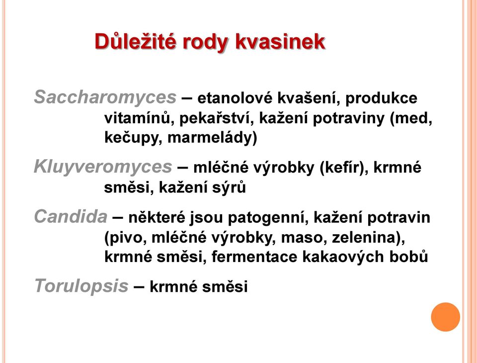 (kefír), krmné směsi, kaţení sýrů Candida některé jsou patogenní, kaţení potravin