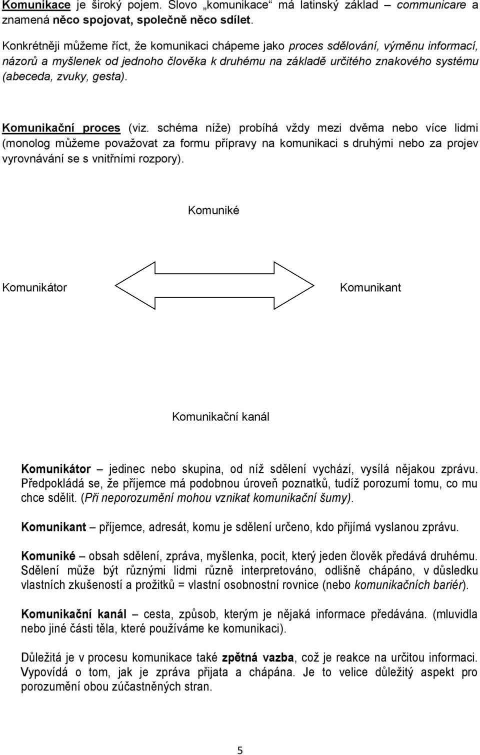 Komunikační proces (viz. schéma níže) probíhá vždy mezi dvěma nebo více lidmi (monolog můžeme považovat za formu přípravy na komunikaci s druhými nebo za projev vyrovnávání se s vnitřními rozpory).