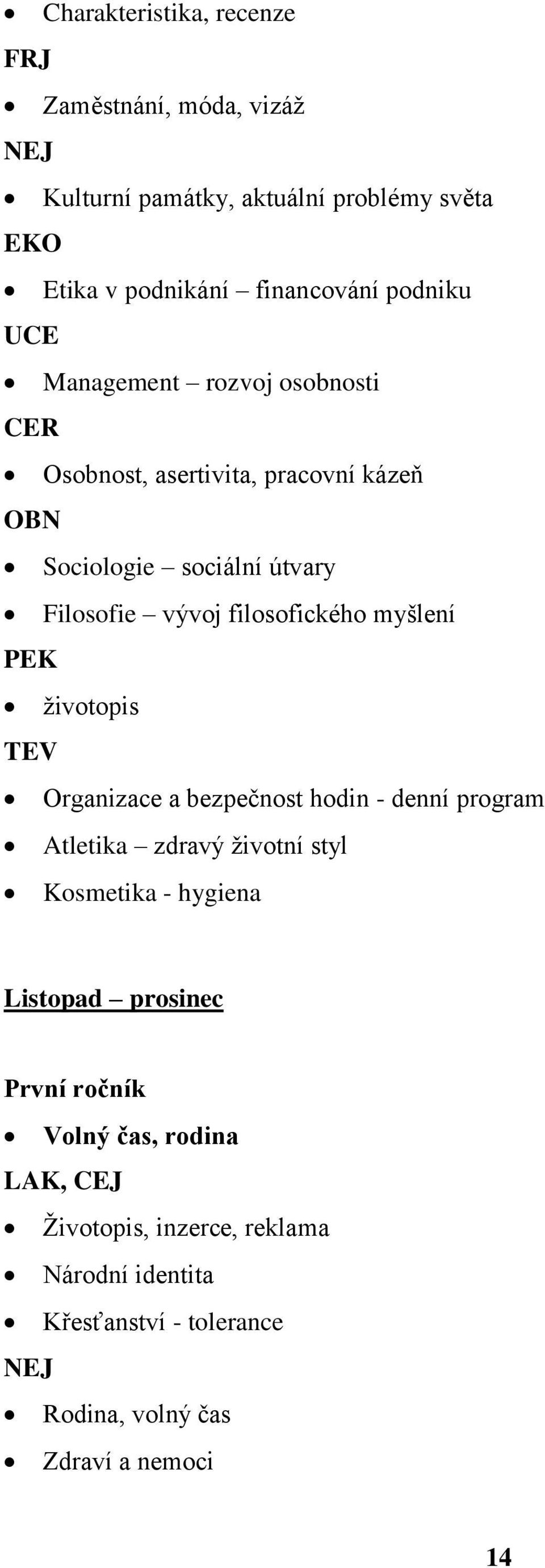 myšlení PEK životopis Organizace a bezpečnost hodin - denní program Atletika zdravý životní styl Kosmetika - hygiena Listopad prosinec