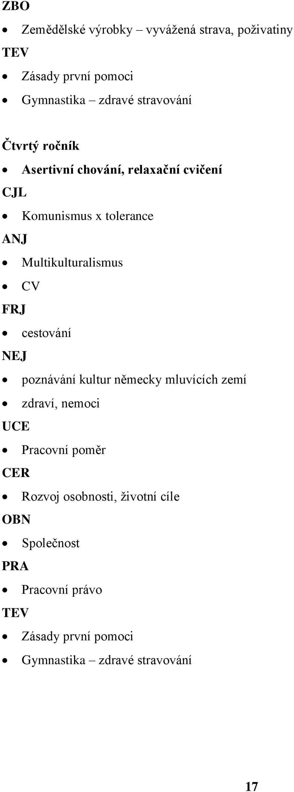 cestování NEJ poznávání kultur německy mluvících zemí zdraví, nemoci UCE Pracovní poměr CER Rozvoj