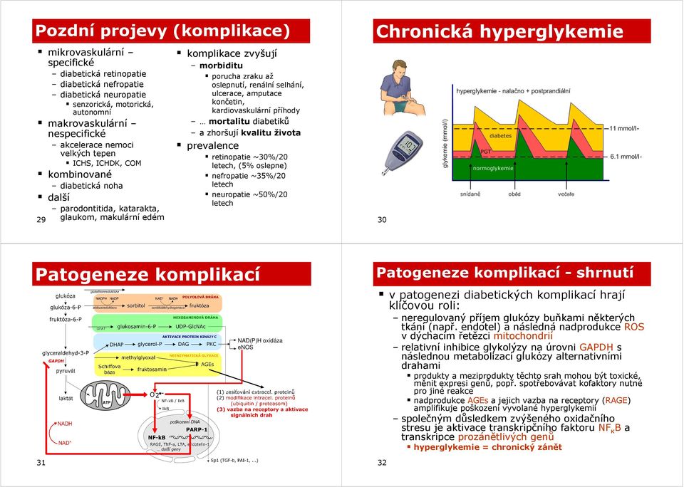 ulcerace, amputace končetin, kardiovaskulární příhody mortalitu diabetiků a zhoršují kvalitu života prevalence retinopatie ~30%/20 letech, (5% oslepne) nefropatie ~35%/20 letech neuropatie ~50%/20