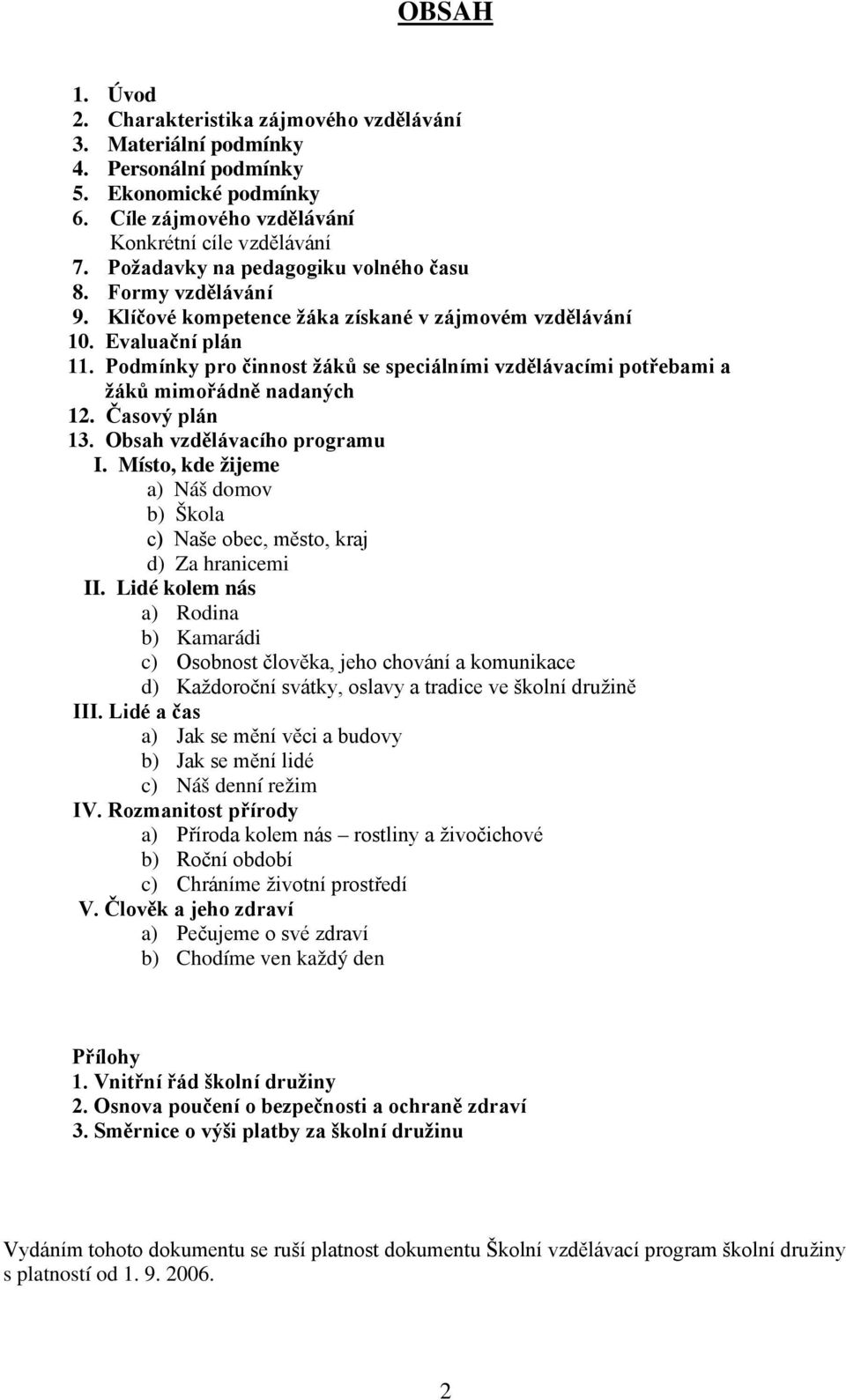 Podmínky pro činnost žáků se speciálními vzdělávacími potřebami a žáků mimořádně nadaných 12. Časový plán 13. Obsah vzdělávacího programu I.