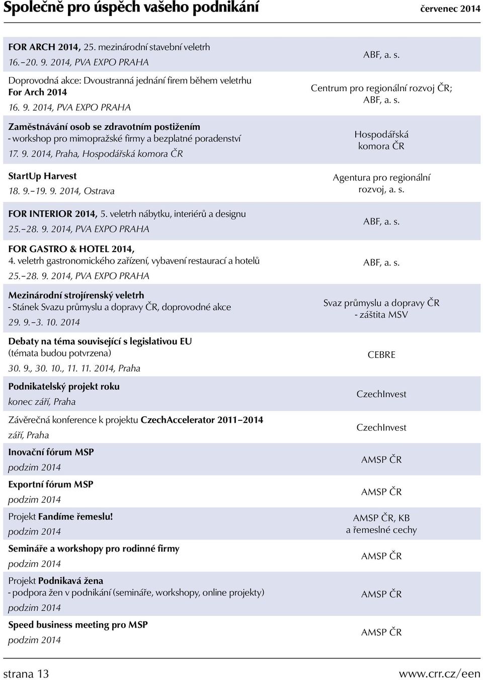 veletrh gastronomického zařízení, vybavení restaurací a hotelů 25. 28. 9. 2014, PVA EXPO PRAHA Mezinárodní strojírenský veletrh - Stánek Svazu průmyslu, doprovodné akce 29. 9. 3. 10.