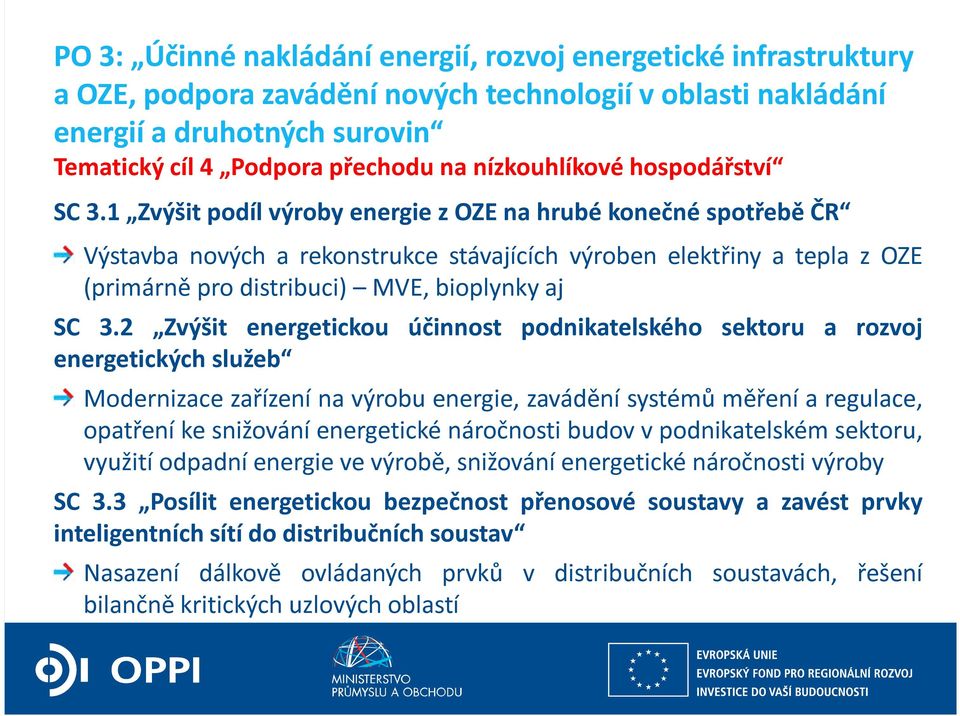 1 Zvýšit podíl výroby energie z OZE na hrubé konečné spotřebě ČR Výstavba nových a rekonstrukce stávajících výroben elektřiny a tepla z OZE (primárně pro distribuci) MVE, bioplynky aj SC 3.