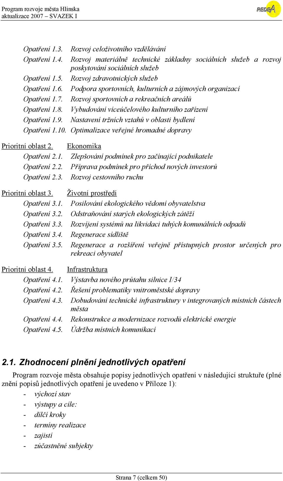 Vybudování víceúčelového kulturního zařízení Opatření 1.9. Nastavení tržních vztahů v oblasti bydlení Opatření 1.10. Optimalizace veřejné hromadné dopravy Prioritní oblast 2. Opatření 2.1. Opatření 2.2. Opatření 2.3.